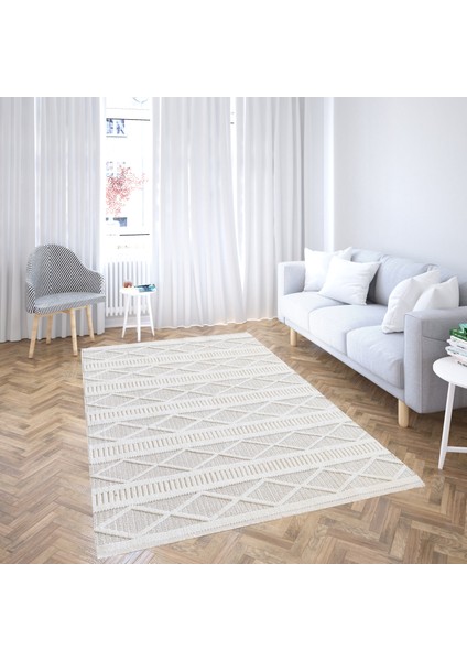 Tarz 9207 Beyaz&Beyaz Yumuşak Dokulu Halı Salon Mutfak Kesme Yolluk Makine Halısı