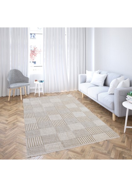 Tarz 8867 Açık Bej Yumuşak Dokulu Halı Salon Mutfak Kesme Yolluk Makine Halısı