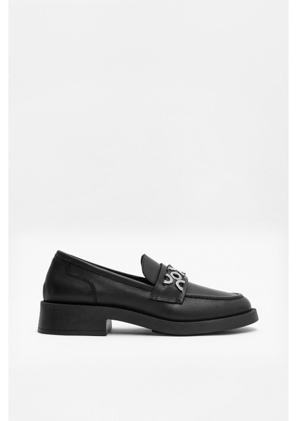 Morris Siyah Hakiki Deri Gümüş Aksesuarlı Kadın Loafer