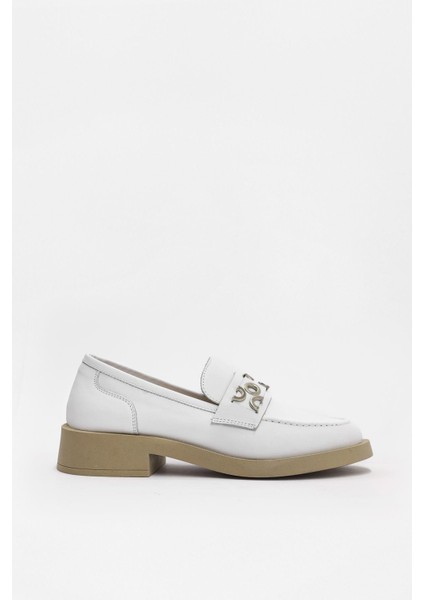 Morris Beyaz Hakiki Deri Gümüş Aksesuarlı Kadın Loafer