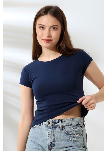 Bisiklet Yaka Kısa Kol Penye Kompakt Likralı Basic T-Shirt 21060 Lacivert