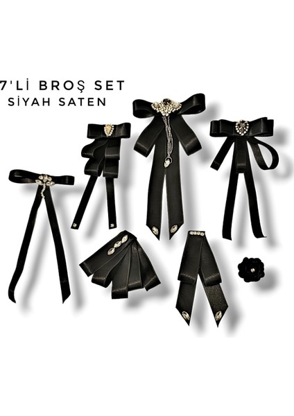 Siyah 7'li Saten Victoria Set Luks Yaka Iğne Yaka Broş Kurdele Broş Hediyelik