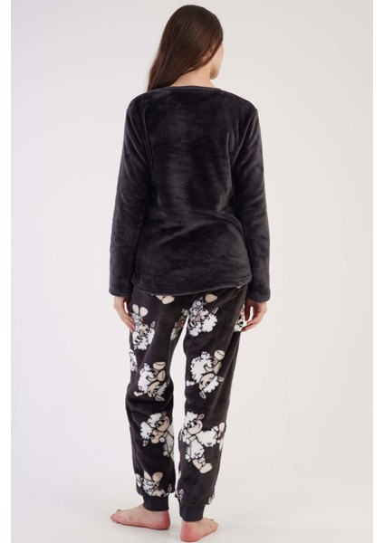 Kadın Antrasit Welsoft Yuvarlak Yaka Uzun Kollu Cepli Desenli Manşetli Pijama Takımı fiyatları