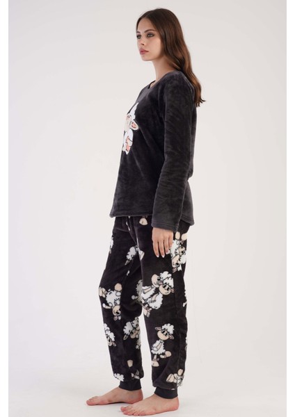 Kadın Antrasit Welsoft Yuvarlak Yaka Uzun Kollu Cepli Desenli Manşetli Pijama Takımı modelleri