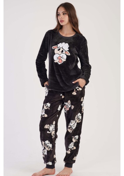 Kadın Antrasit Welsoft Yuvarlak Yaka Uzun Kollu Cepli Desenli Manşetli Pijama Takımı fırsatları