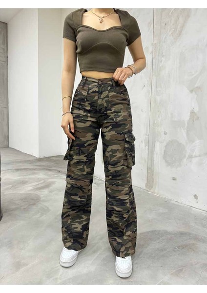 Kamuflaj Desen Yüksek Bel Çok Cepli Straight Fit Kargo Pantolon modelleri