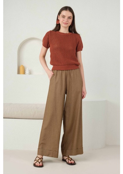 Keten Bol Paça Pantolon Fındık Kabuğu