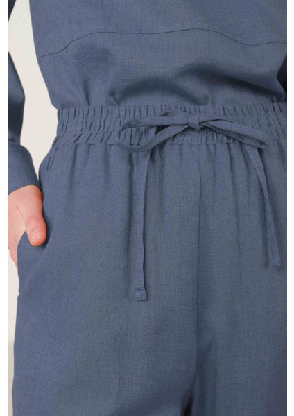 Keten Bol Paça Pantolon Kot Mavi