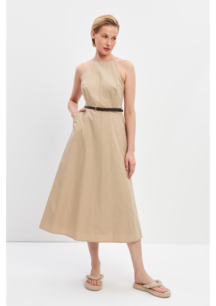 Bej Pamuklu Halter Yaka Kemer Detaylı Elbise