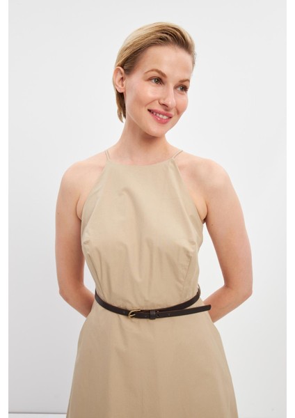 Bej Pamuklu Halter Yaka Kemer Detaylı Elbise indirimleri