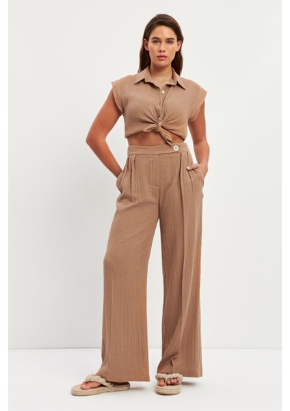 Camel Bel ve Cep Detaylı Rahat Kesim Pantolon