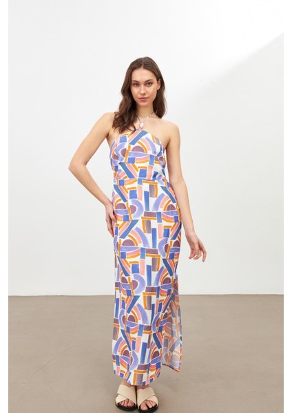 Mor Mor Geometrik Desen Bağlama Detaylı Elbise