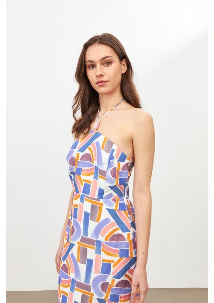 Mor Mor Geometrik Desen Bağlama Detaylı Elbise fiyatları