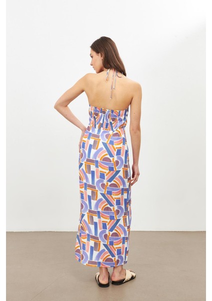 Mor Mor Geometrik Desen Bağlama Detaylı Elbise modelleri