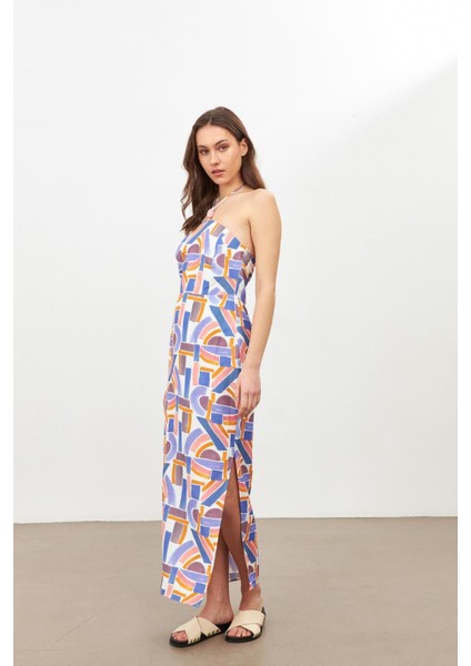 Mor Mor Geometrik Desen Bağlama Detaylı Elbise fırsatları