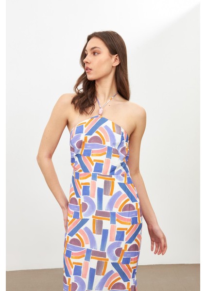 Mor Mor Geometrik Desen Bağlama Detaylı Elbise indirimleri