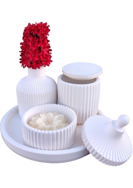 Yuvarlak Tepsili Mumluklu Vazo Seti - Dekoratif Mumluklu ve Kutulu Aksesuar Seti (Mum Dahildir.)