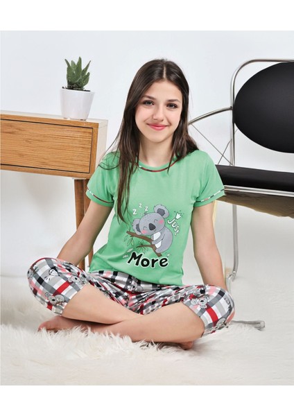 Koala More Desenli Kız Çocuk Kapri Pijama Takımı Yeşil