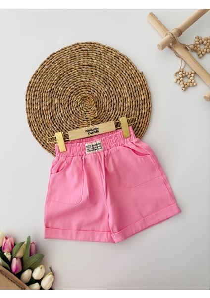 Renkli Gabardin Cepli Kız Kot Şort - Pembe