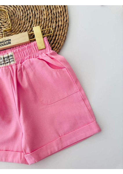 Renkli Gabardin Cepli Kız Kot Şort - Pembe fiyatları