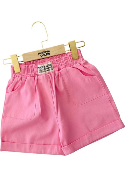 Renkli Gabardin Cepli Kız Kot Şort - Pembe modelleri