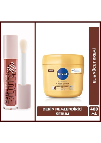 Nivea El ve Vücut Bakım Kremi Cocoa Butter 400ML + Pastel Dolgunlaştıran Dudak Parlatıcısı 202