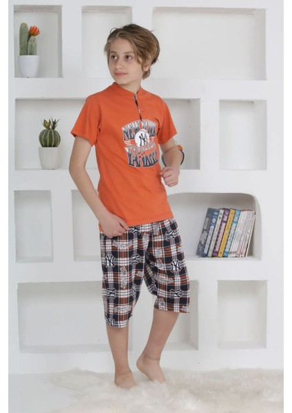 Minigimin Cicileri Erkek Çocuk Kapri Düğmeli Ekose Pijama Takım Kiremit