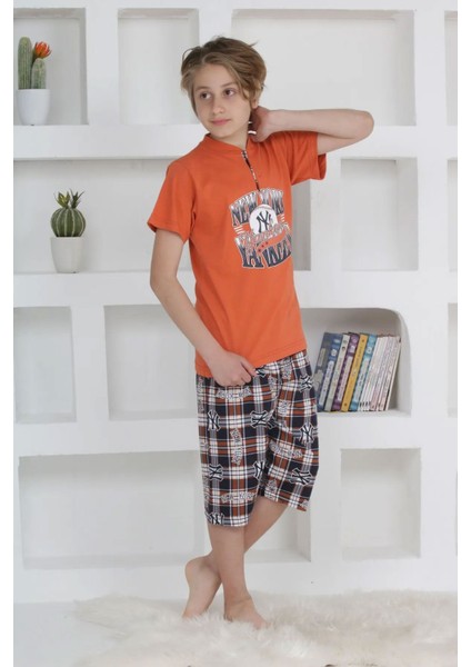 Minigimin Cicileri Erkek Çocuk Kapri Düğmeli Ekose Pijama Takım Kiremit