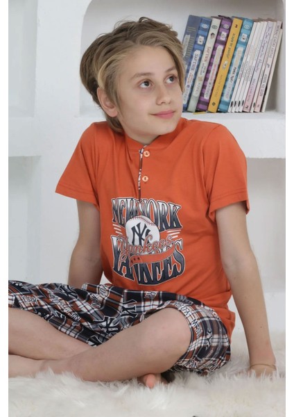 Minigimin Cicileri Erkek Çocuk Kapri Düğmeli Ekose Pijama Takım Kiremit