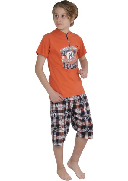 Minigimin Cicileri Erkek Çocuk Kapri Düğmeli Ekose Pijama Takım Kiremit