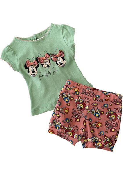 Baby Kız Mnn Fiyonklu Detaylı Badi ve Çiçekli Şort Takım - Yeşil modelleri
