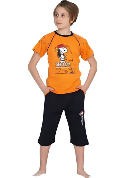 Snpyy Desenli Erkek Çocuk Pijama Takımı Turuncu