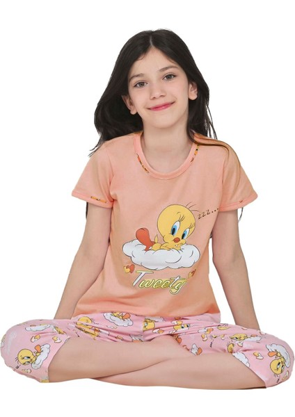 Miniğimin Cicileri Twty Desenli Kapri Kız Çocuk Pijama Takımı Mercan