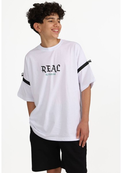 7-14 Yaş Şortlu Real Oversize Erkek Çocuk Takım-Beyaz