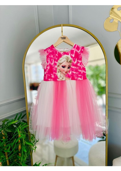 (9-12) Kız Çocuk Tüllü Elsa Elbise ve Taç - Pembe