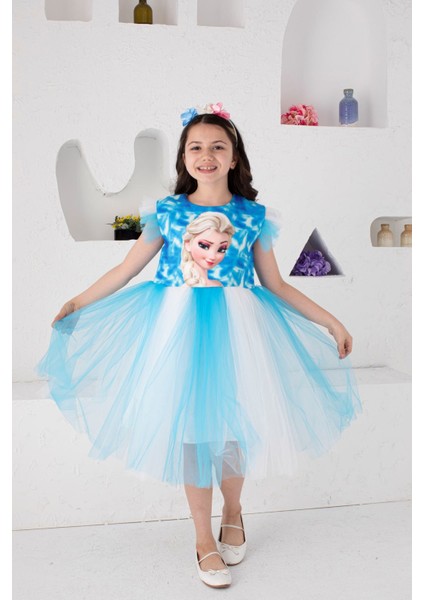 (9-12) Kız Çocuk Tüllü Elsa Elbise ve Taç - Mavi