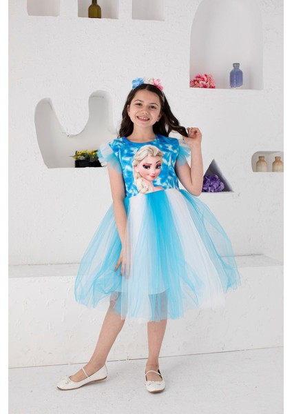 (9-12) Kız Çocuk Tüllü Elsa Elbise ve Taç - Mavi fiyatları