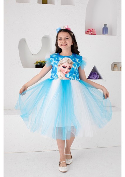 (9-12) Kız Çocuk Tüllü Elsa Elbise ve Taç - Mavi modelleri