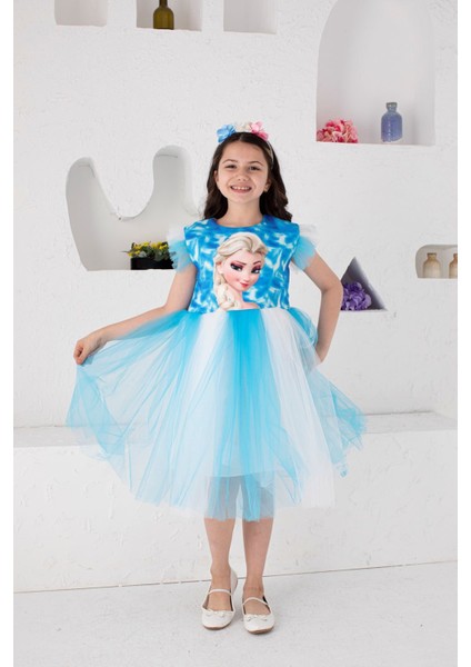 (9-12) Kız Çocuk Tüllü Elsa Elbise ve Taç - Mavi fırsatları