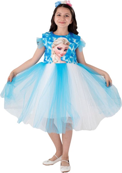 (9-12) Kız Çocuk Tüllü Elsa Elbise ve Taç - Mavi indirimleri