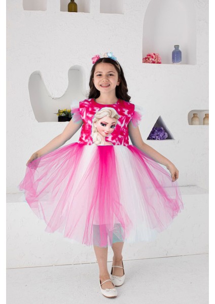 (9-12) Kız Çocuk Tüllü Elsa Elbise ve Taç - Pembe
