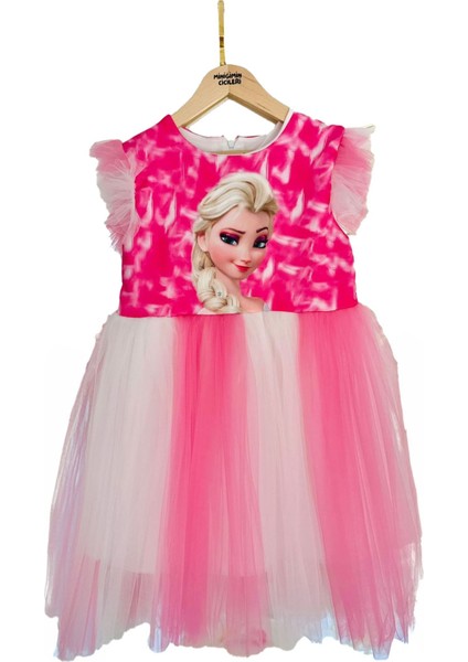(9-12) Kız Çocuk Tüllü Elsa Elbise ve Taç - Pembe modelleri