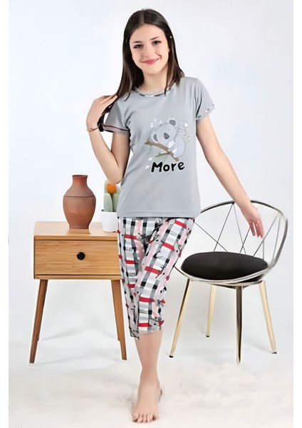 Koala More Desenli Kız Çocuk Kapri Pijama Takımı Gri