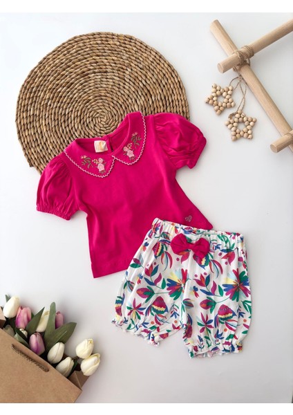 Baby Kız Yaka Çiçek Nakış Desenli Badi ve Viskon Şort Takım - Fuşya