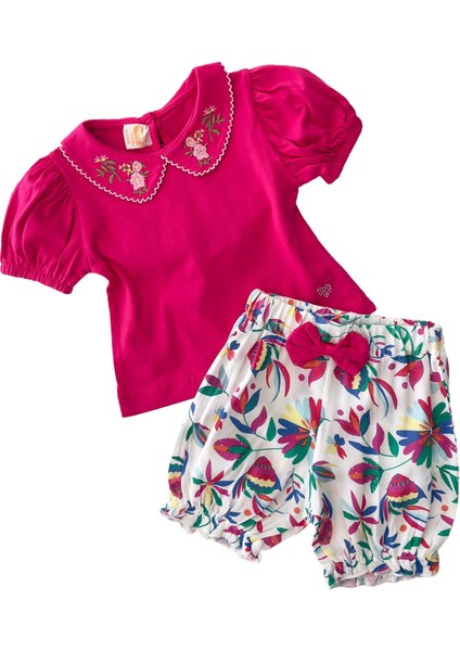 Baby Kız Yaka Çiçek Nakış Desenli Badi ve Viskon Şort Takım - Fuşya fiyatları