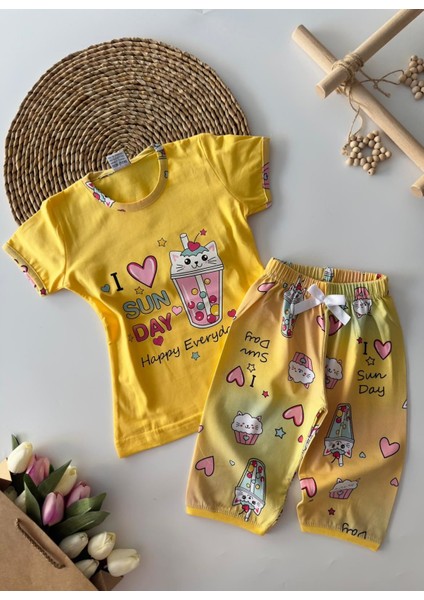 Miniğimin Cicileri I Sun Day Kalp Desenli Kız Çocuk Pijama Takımı Sarı