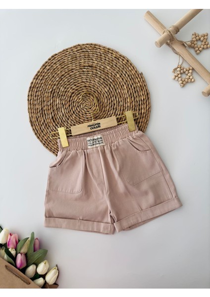 Renkli Gabardin Cepli Kız Kot Şort - Bej