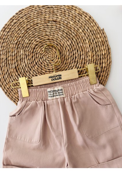 Renkli Gabardin Cepli Kız Kot Şort - Bej fiyatları