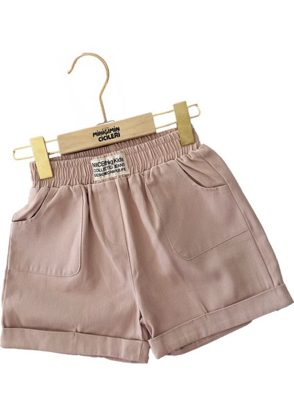 Renkli Gabardin Cepli Kız Kot Şort - Bej modelleri