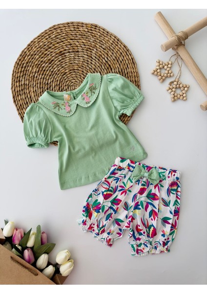 Baby Kız Yaka Çiçek Nakış Desenli Badi ve Viskon Şort Takım - Yeşil